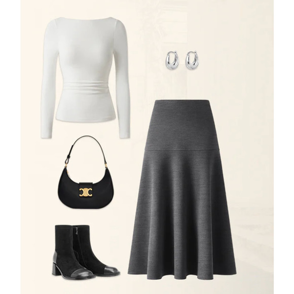 OGL Skirt Womens Size XL Heather Black A-Line Midi Flared Cozy Chic - Picture 3 of 7